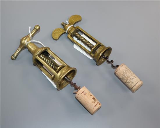 A Farrow & Jackson type brass flynut corkscrew and an Italian brass corkscrew, late 19th/early 20th century, 16cm